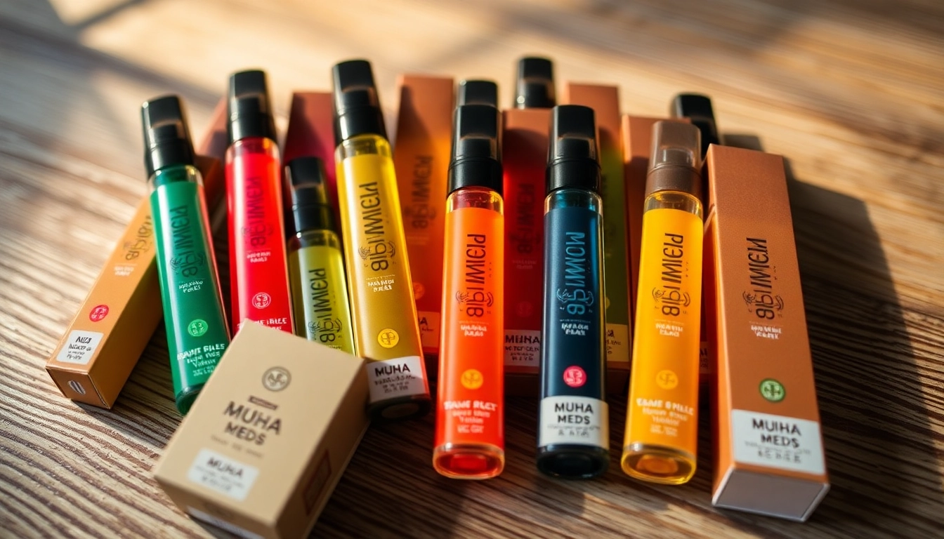 Showcasing Muha Meds Vape Disposables in vibrant packaging on a textured wood surface.