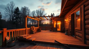 Showcasing deck construction stages, focusing on wooden materials and tools for building a deck.