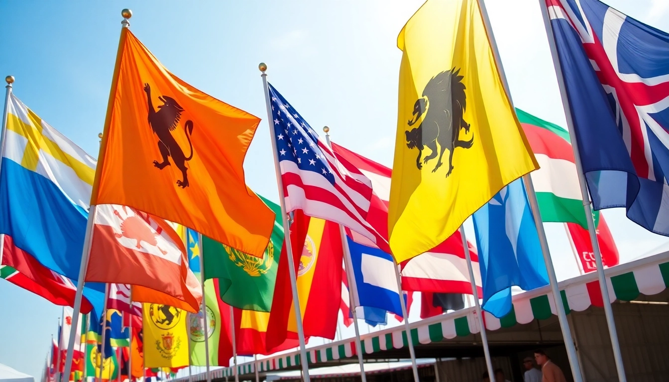 Custom flags Ireland proudly displayed in a vibrant festival setting, featuring diverse designs and colors.