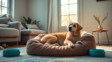 Pamper your pet by providing a cozy setting with a plush bed and toys that create a comforting environment.