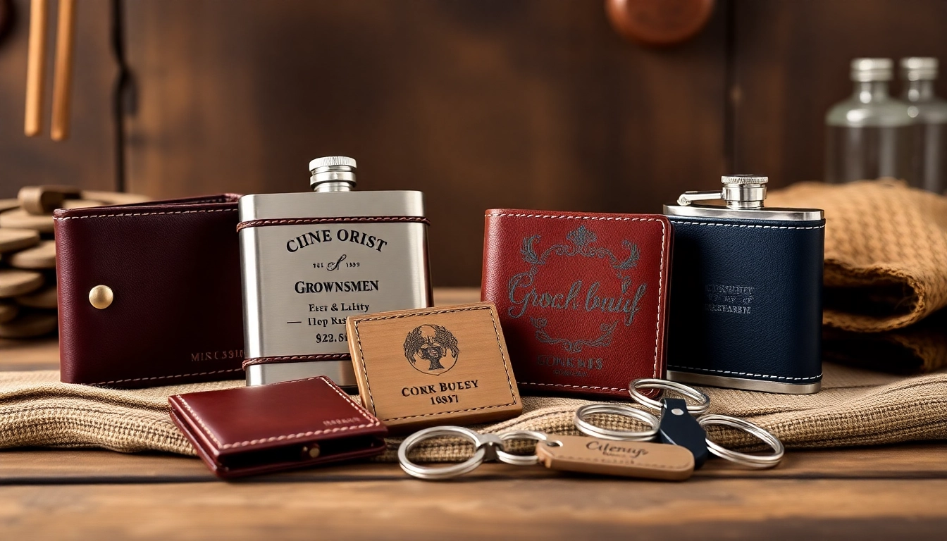 Showcase of unique cheap groomsmen gifts like personalized flasks and wallets for memorable wedding moments.