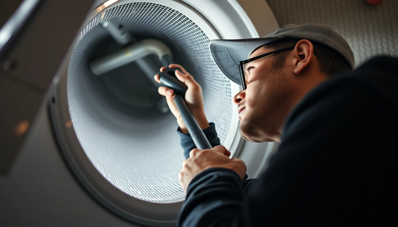 Professional dryer vent cleaning salt lake city service in action, showcasing a technician at work.