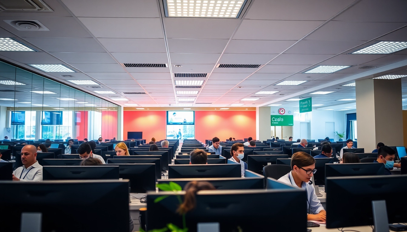 Busy call centers in Tijuana, Mexico featuring agents engaged in customer service with modern technology.