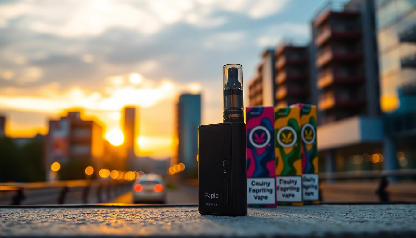 Showcasing dummy vapes in a vibrant urban setting, highlighting its sleek design and colorful packaging.