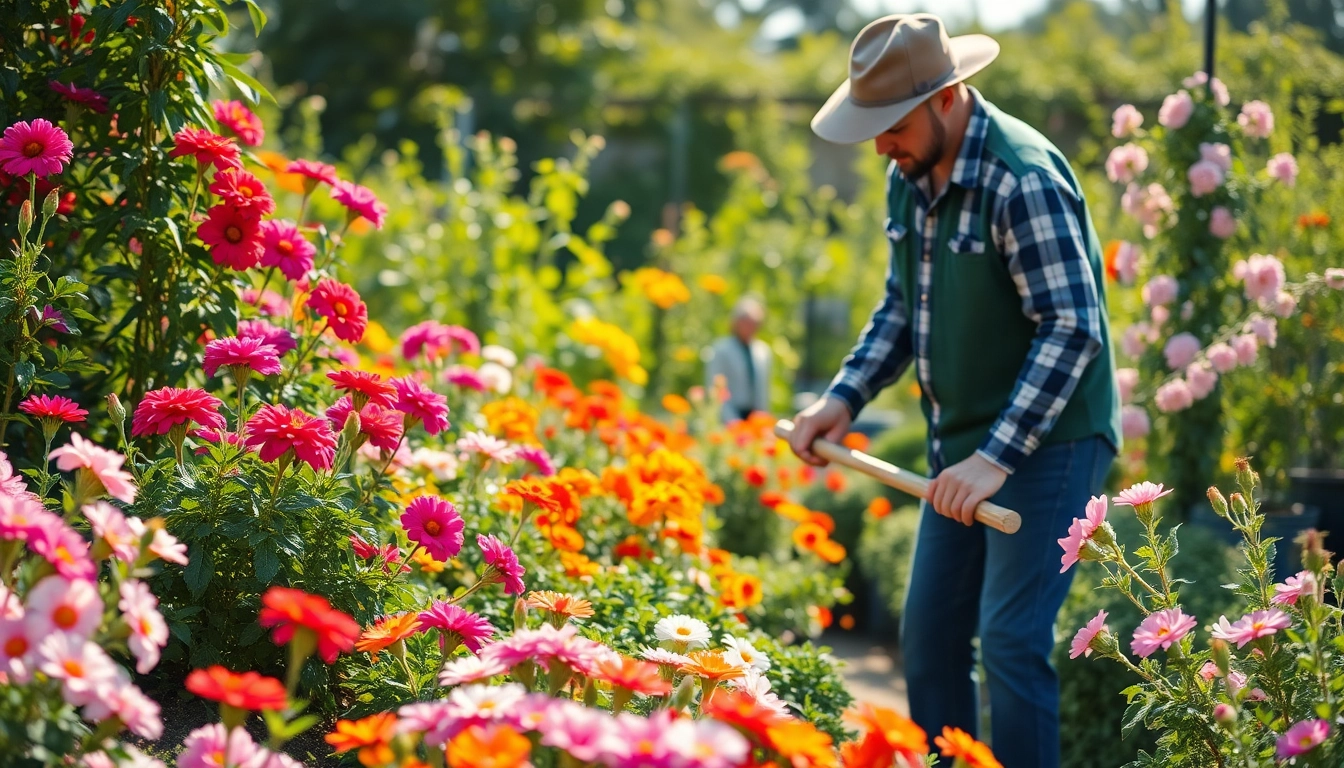 Enhance your garden maintenance with an expert gardener raking flowers and greenery in a sunlit garden.