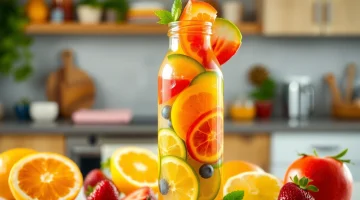 Refresh your day with a nutritious vitamindrink packed with colorful fruit slices.