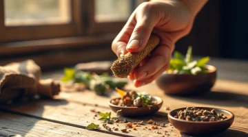 Crafting an Alternative Smoking Blend with vibrant herbs on a rustic table.