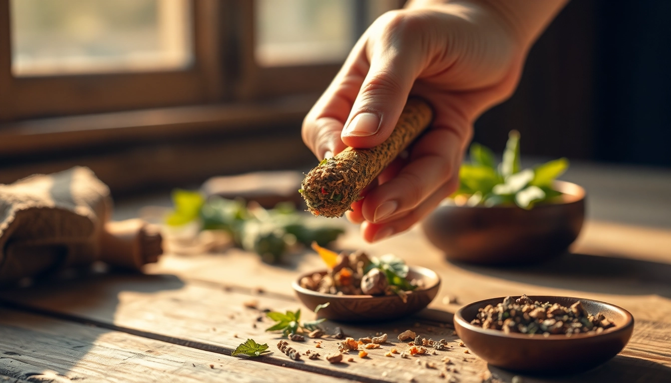 Crafting an Alternative Smoking Blend with vibrant herbs on a rustic table.