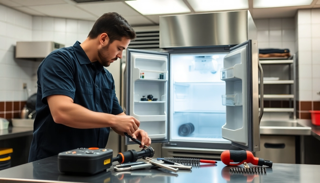 Technician conducting commercial refrigerator repair, ensuring efficient service in a restaurant setting.