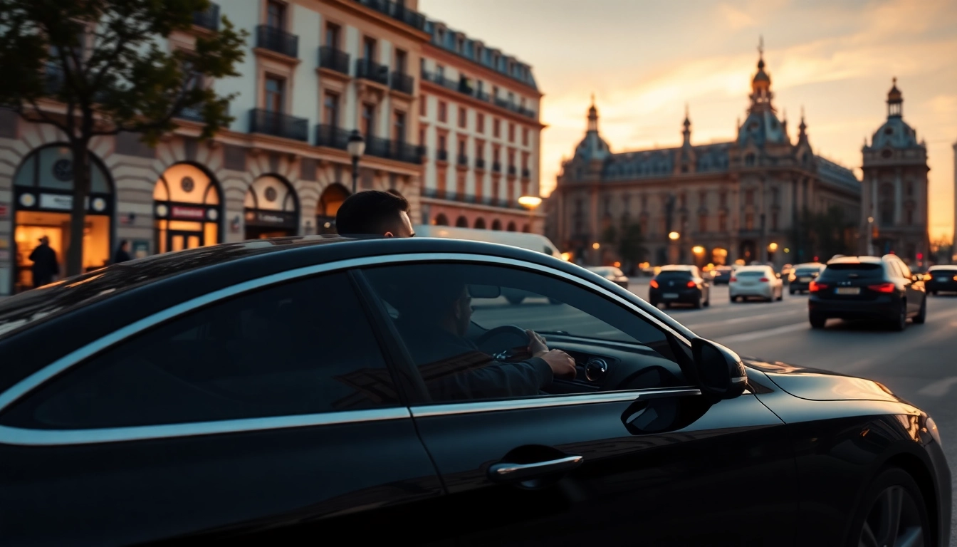 Experience luxury hire chauffeur Madrid in an elegant black car amidst the vibrant streets of the city.