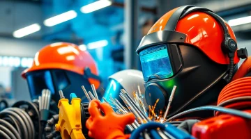 Explore welding supplies near me, featuring diverse equipment like helmets and rods in a professional workshop.