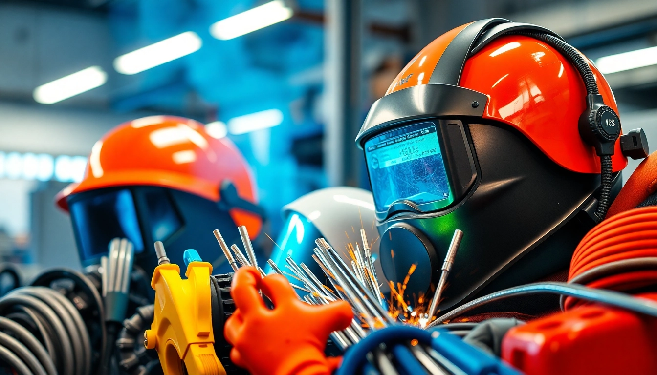 Explore welding supplies near me, featuring diverse equipment like helmets and rods in a professional workshop.