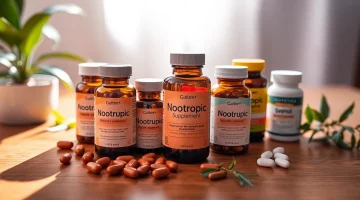 Nootropics capsules enhancing cognitive functions, arranged attractively on a wooden surface.