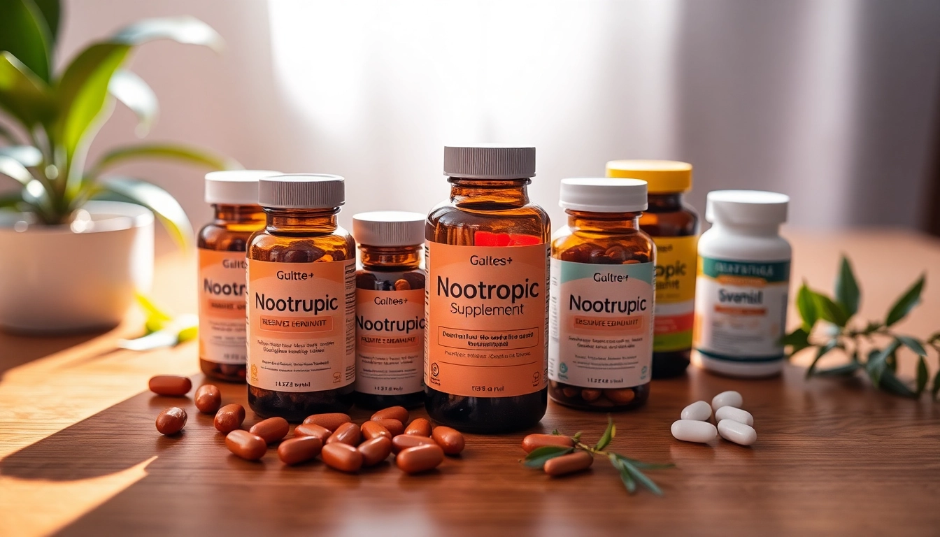 Nootropics capsules enhancing cognitive functions, arranged attractively on a wooden surface.