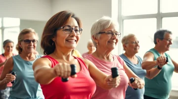 Seniors engaging in energizing Senior Fitness Training exercises in a vibrant class setting.