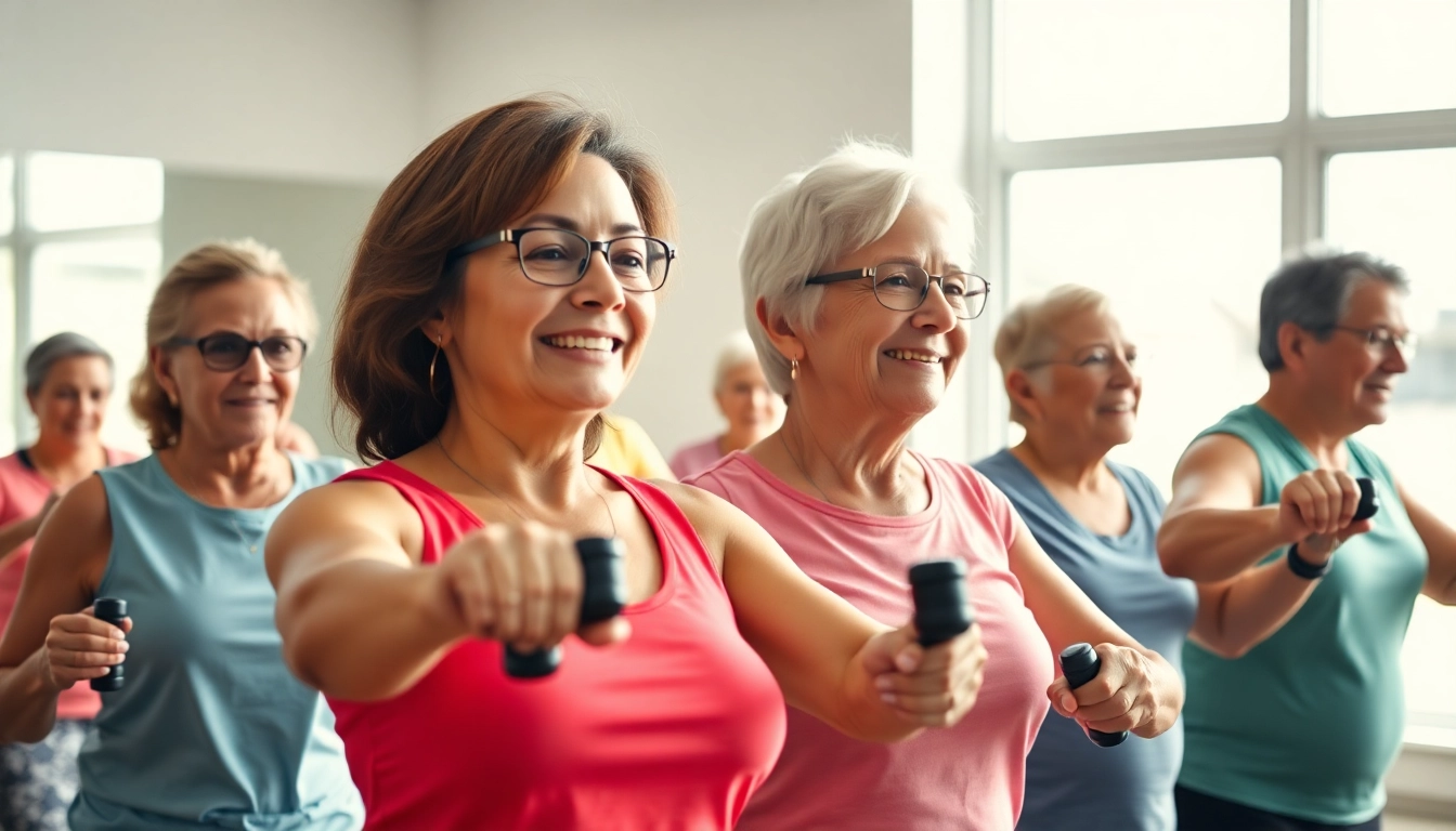 Seniors engaging in energizing Senior Fitness Training exercises in a vibrant class setting.