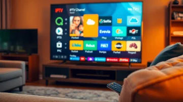 Enjoy a free iptv trial with a sleek smart TV showcasing various channels in a cozy living room setting.