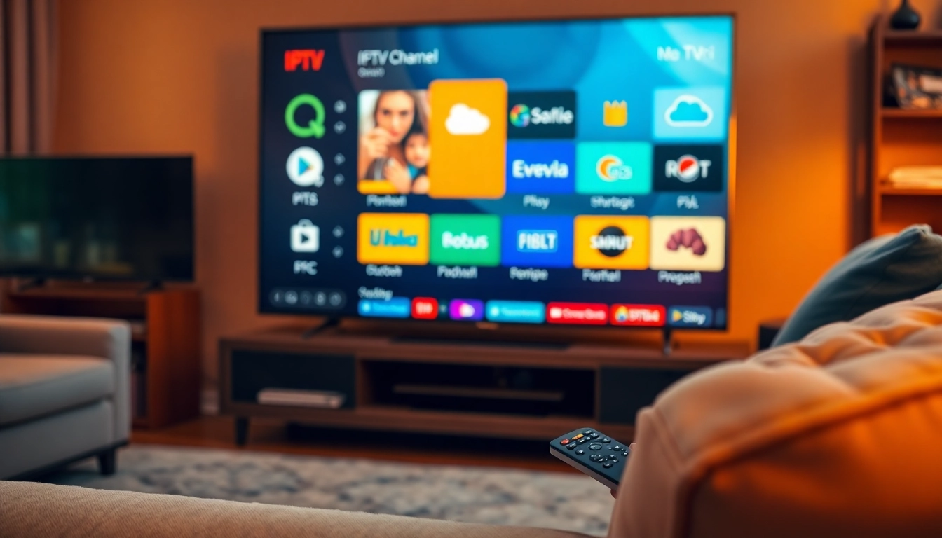 Enjoy a free iptv trial with a sleek smart TV showcasing various channels in a cozy living room setting.