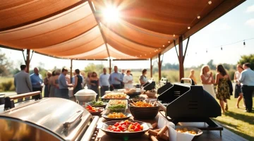 Hochzeit Grill Catering für Berlin with a stunning grill setup and colorful buffet at an outdoor wedding.