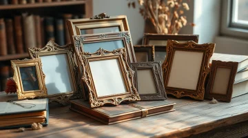 Showcase of vintage frames highlighting unique designs and rich textures on a rustic table.