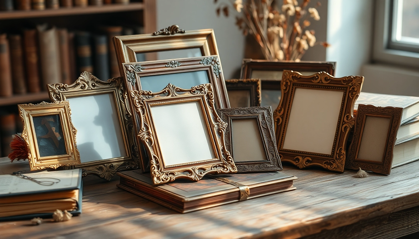 Showcase of vintage frames highlighting unique designs and rich textures on a rustic table.