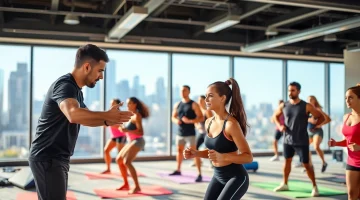 Semi personal training in Jersey City with a trainer motivating diverse clients in an urban gym.