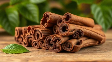 Highlighting Cinnamon Bark pieces on a wooden backdrop, showcasing their rich textures and earthy tones.