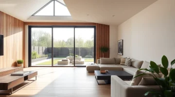 Brightly lit living room showcasing innovative rear extensions enhancing spaciousness in a London home.