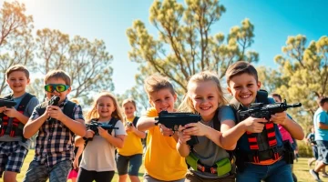 Engaging action at a wildfire event perth with children having fun in outdoor laser tag activities.
