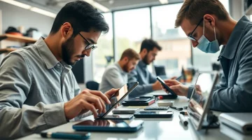 Riparazione cellulari professionali a Torino con tecnici al lavoro e strumenti specializzati.