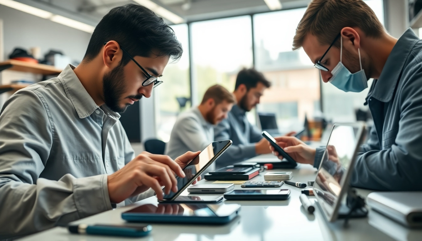 Riparazione cellulari professionali a Torino con tecnici al lavoro e strumenti specializzati.