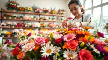 Fountain valley florist arranging a vibrant bouquet in a bright flower shop.