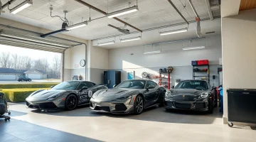 Showcase of a stylish custom garage with modern tools and vehicles, emphasizing organization and design.