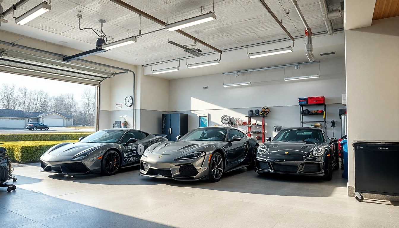 Showcase of a stylish custom garage with modern tools and vehicles, emphasizing organization and design.