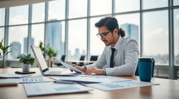 Analyze export tariffs with a financial analyst working in a bright office setting.