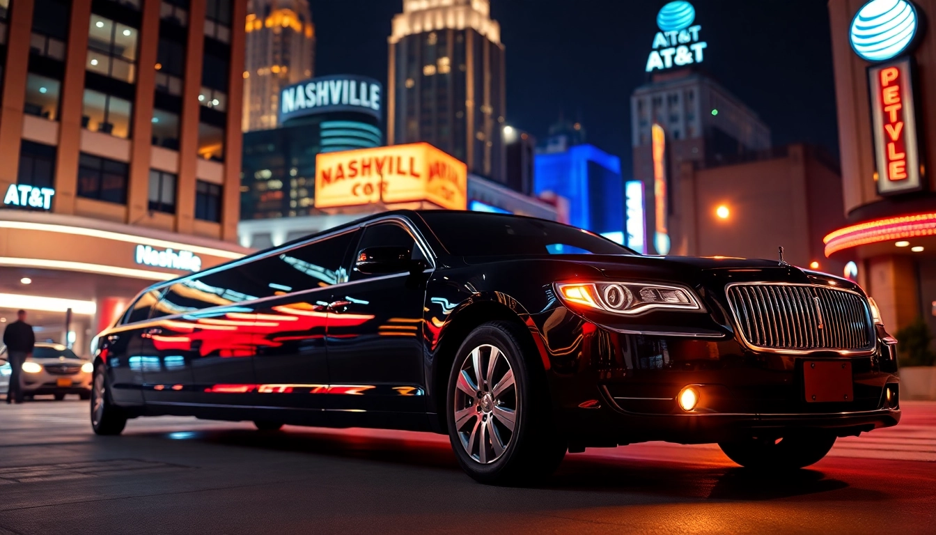 Arrive in style with our limo service Nashville TN, featuring a sleek black limousine in a vibrant urban setting.
