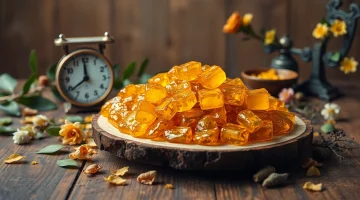 Découvrez Benjoin sous forme de résine chaleureuse, ornée de feuilles naturelles.