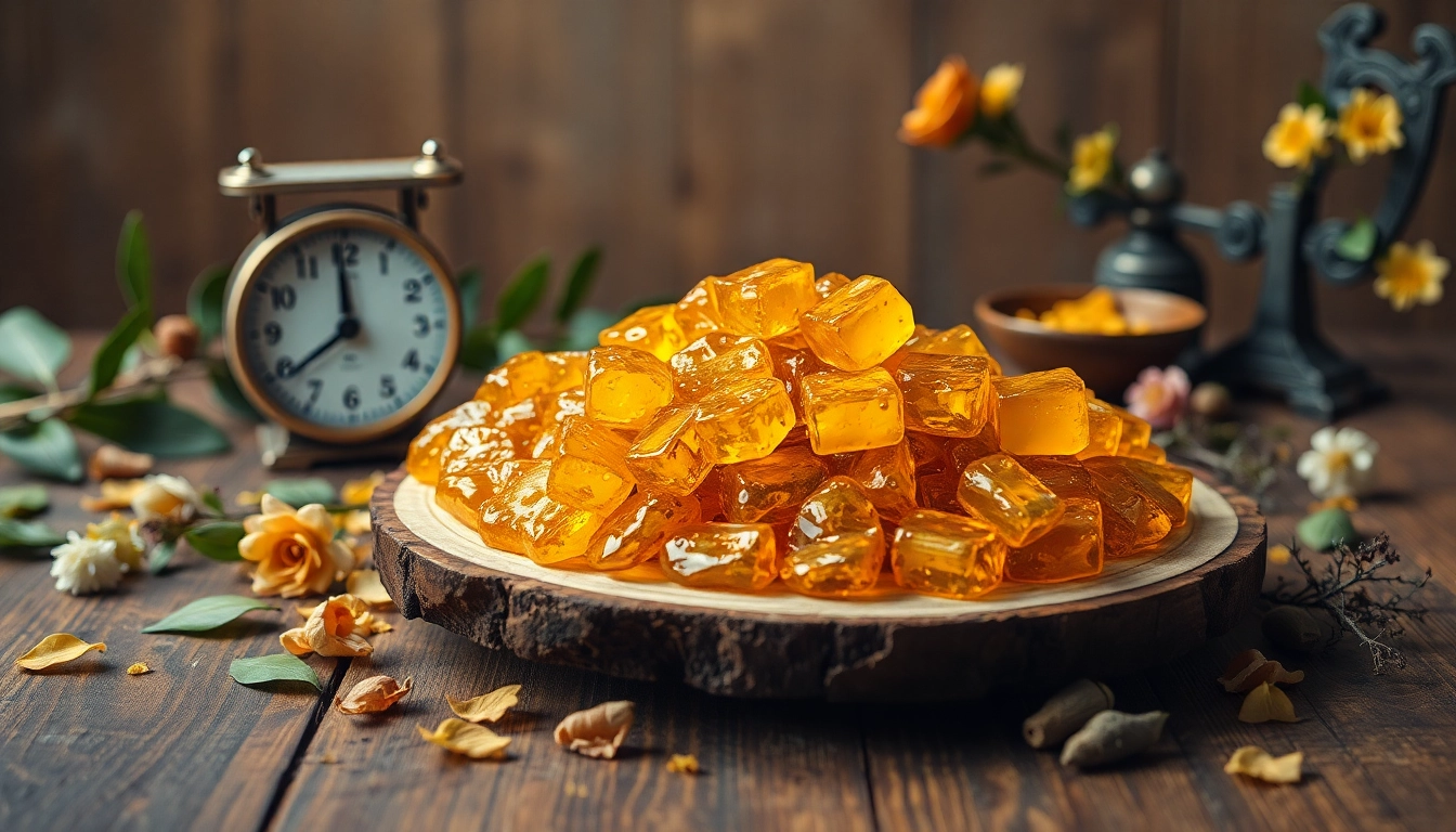 Découvrez Benjoin sous forme de résine chaleureuse, ornée de feuilles naturelles.