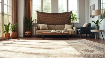 Showcase Labboho's vibrant Boujaad vintage rugs with intricate patterns in a cozy home setting.