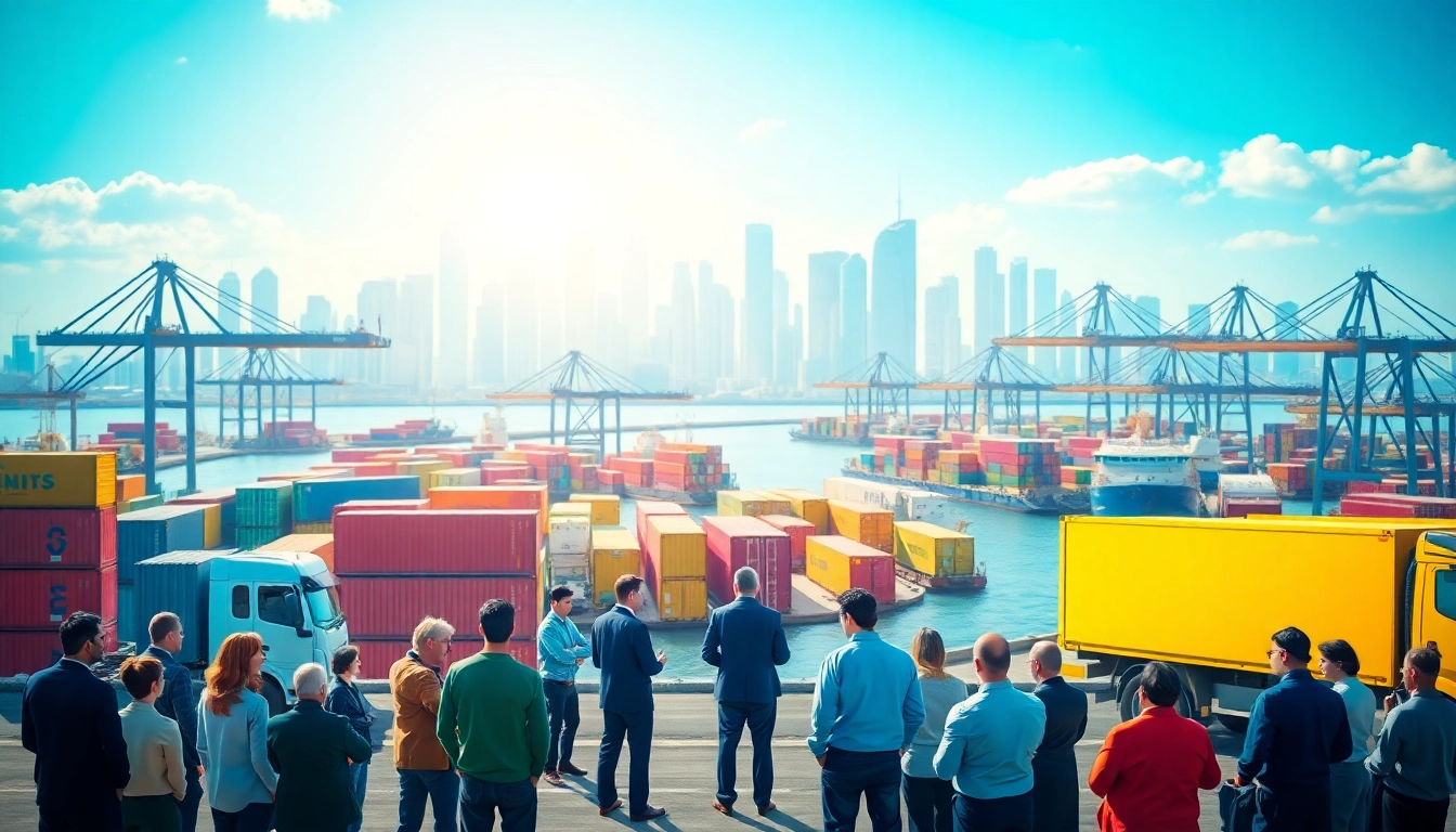 Analyzing export tariffs in a global trade setting with containers and business discussions.