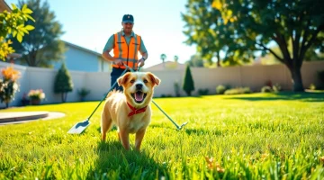 Weekly dog poop scooping service in a bright garden, featuring a technician cleaning pet waste.
