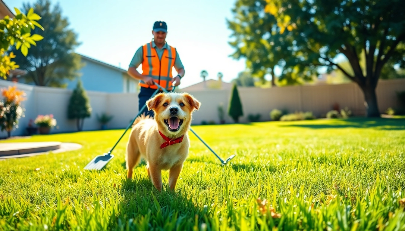 Weekly dog poop scooping service in a bright garden, featuring a technician cleaning pet waste.