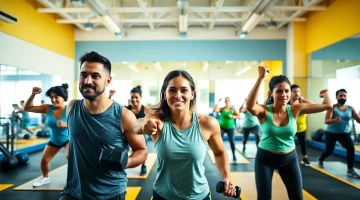Engaged gym group training with diverse participants in a bright, motivational atmosphere.