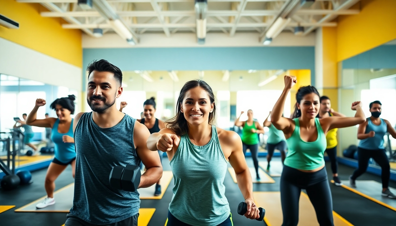 Engaged gym group training with diverse participants in a bright, motivational atmosphere.