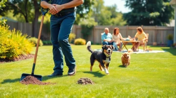 Dog poop pickup service efficiently cleaning a residential yard with a dedicated worker.