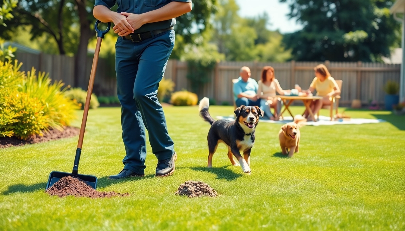 Dog poop pickup service efficiently cleaning a residential yard with a dedicated worker.