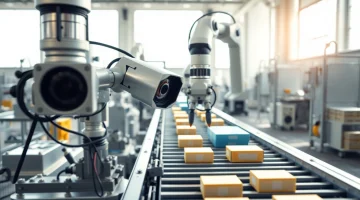 Machine vision system in an industrial setting meticulously inspecting products.