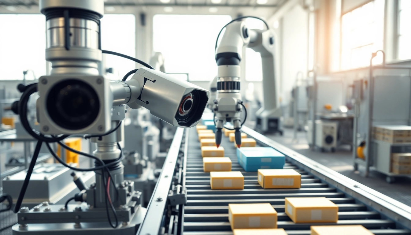 Machine vision system in an industrial setting meticulously inspecting products.