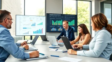 Engaged team analyzing data for competitor pricing research in a modern conference room.