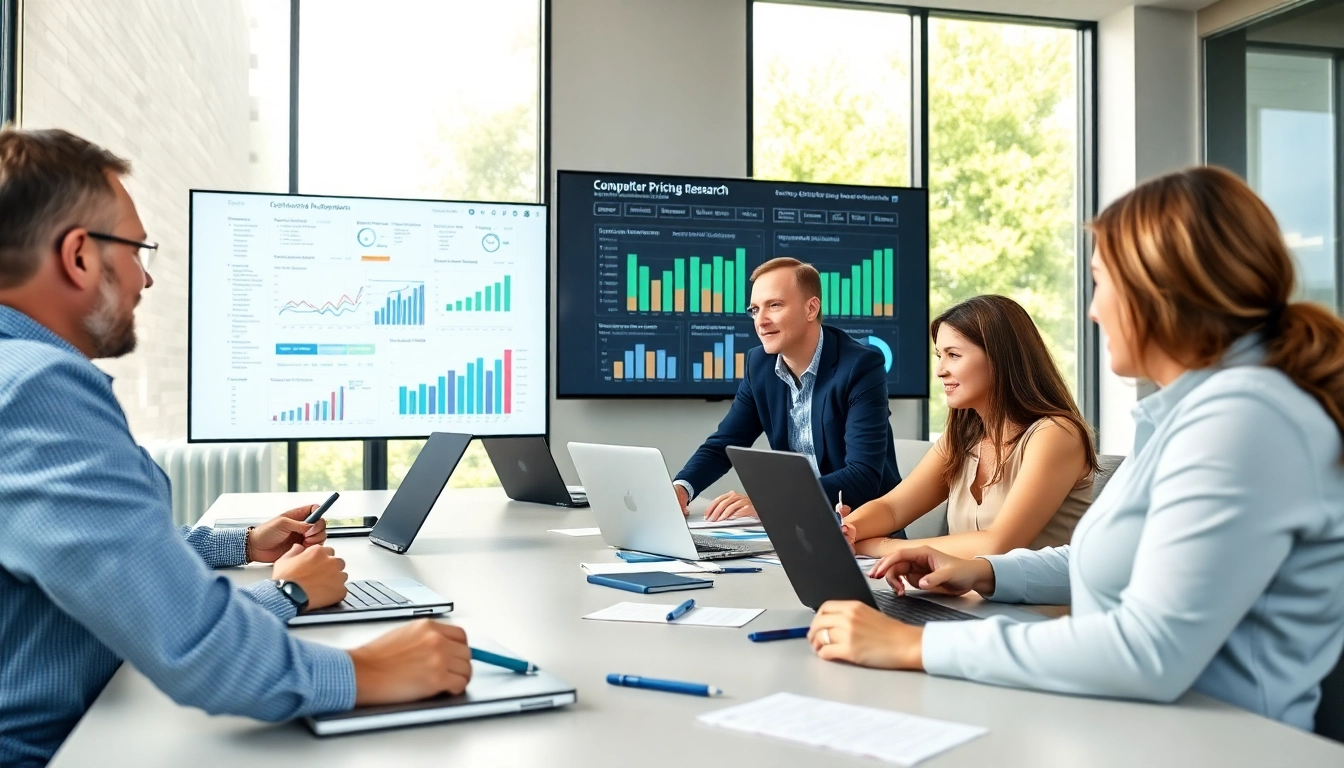 Engaged team analyzing data for competitor pricing research in a modern conference room.